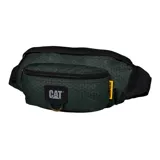 Riñonera Caterpillar color verde oscuro con patrón geométrico, logo de la marca en el frente y correa ajustable negra.