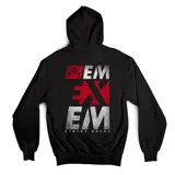 Campera gris con cierre frontal, capucha y bolsillo tipo canguro. Estampado pequeño en el pecho con el logo de la marca en rojo y negro.