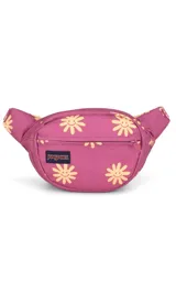 Riñonera JanSport Fifth Avenue color fucsia con estampado de flores amarillas con caritas sonrientes.