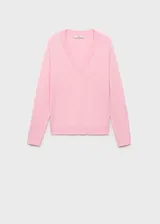 Jersey de punto fino color rosado, de manga larga y cuello en V, con corte recto.
