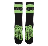 Medias negras con puño verde y diseño de pie de esqueleto en verde neón.