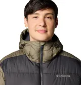 Campera puffer Columbia Pike Lake II Hooded para hombre, color verde oliva con detalles en negro. Cuenta con capucha ajustable, cierre frontal completo, bolsillos laterales con cierre y tecnología Omni-Heat Reflective.