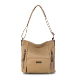 Bandolera morral color beige de símil cuero, con apertura superior con cierre, bolsillos internos, tres bolsillos frontales con cierre metálico y un bolsillo trasero con cierre. Incluye correa larga regulable.