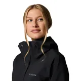 Campera impermeable y transpirable Columbia Earth Explorer II para mujer, color negro, con capucha ajustable, dobladillo y puños con cordón de ajuste, costuras totalmente selladas, ventilación en las axilas, bolsillos con cremallera y dobladillo en cola.