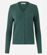 Cardigan blanco de viscosa con cuello en V, cierre frontal de botones y mangas largas.