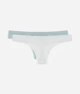 Kit de dos bombachas bikini hilo seamless, una blanca con encaje y otra celeste con textura.