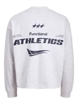 Buzo de manga larga color blanco melange, con cuello redondo y calce oversize cropped. Presenta un estampado grande en la espalda con texto que incluye "ATHLETICS", "Functional", "CORE SPORTS MAKE LIFE WELL" y "CREATIVE DEPARTMENT", junto con tres estrellas y un logo estilizado.