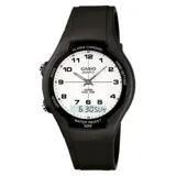 Reloj analógico-digital Casio AW90H-7BVDF para hombre, con caja y correa de resina negra, esfera blanca con números arábigos y agujas luminiscentes. Resistente al agua hasta 50 metros, con funciones de cronómetro, alarma y doble horario.
