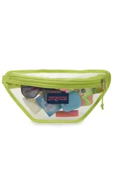 Riñonera transparente con ribetes negros y logo de JanSport en el frente. Tiene un compartimento principal con cierre y correa ajustable con hebilla.