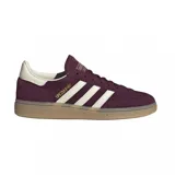 Zapatillas Adidas Handball Spezial color borgoña con las tres rayas laterales en blanco y suela de goma color caramelo.