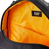 Mochila unisex Caterpillar negra con logo blanco, llavero fijo, bolsillo delantero, compartimento principal grande y bolsillos internos.