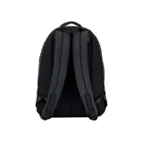 Mochila de PVC color blanco con estampado geométrico negro, con correas y base negras.