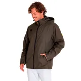 Chaqueta color verde oliva con capucha desmontable, cierre frontal con cremallera y bolsillos laterales.