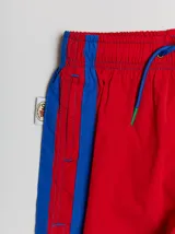 Short de baño azul con cintura elástica, rayas verdes en los laterales y bolsillo trasero con solapa roja y verde.