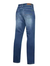 Pantalón de jean azul de corte recto, tiro medio y calce regular. Confeccionado en denim con tecnología Natural Flex y certificación Repreve.