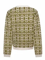 Buzo de manga larga con cuello redondo y estampado abstracto en tonos verde oliva y blanco.