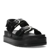 Sandalias negras con plataforma, tiras anchas de cuero sintético y hebillas plateadas.