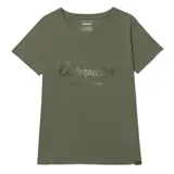 Remera blanca de mujer, con cuello en V y logo de Caterpillar estampado en el pecho.