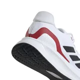 Championes Adidas Runfalcon 5, color blanco con detalles en negro y rojo, ideales para running. Cuentan con tecnología Cloudfoam en la entresuela para mayor amortiguación.