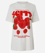Remera color crema de algodón con estampado de frambuesas y texto "Delicious & Tasty Berry".