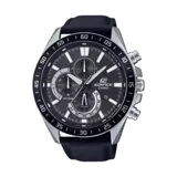 Reloj Casio Edifice con caja plateada, esfera negra con detalles blancos y correa de cuero negra.
