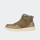 Botas Hey Dude modelo Bradley Classic, color marrón, con cordones y cuello de tela escocesa.