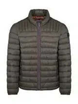 Campera acolchada verde militar de Tommy Hilfiger, con cuello alto, cierre de cremallera, dos bolsillos delanteros con cremallera y logo de Tommy Hilfiger bordado en el pecho.