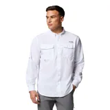 Camisa blanca de manga larga Columbia para hombre, con tecnología Omni-Shield™ Blood 'n Guts resistente al agua y a las manchas, aberturas de ventilación, mangas enrollables con trabillas, cuello con cierre a presión, gamuza para limpiar gafas de sol, trabilla multiuso, soporte para caña de pescar y bolsillos en el pecho.