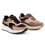 Championes Korium Donna de estilo casual, con suela alta y diseño color block en tonos negro, marrón, beige y dorado.