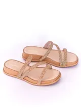 Sandalias color camel con tiras de strass, taco de 3,5 cm y plantilla de cuero acolchada.