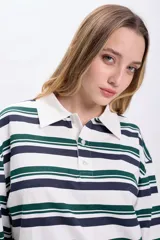 Remera manga larga con cuello polo, a rayas horizontales blancas, verdes y azules.