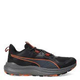Championes de running de hombre con diseño negro y detalles en naranja, construidos con tecnología PROTREAD y entresuela de espuma EVA PUMALite para mayor comodidad.