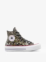 Championes Converse Chuck Taylor All Star Lift de caña alta con estampado animal print de leopardo en tonos marrones y negros. Plataforma blanca con línea negra y suela de goma.