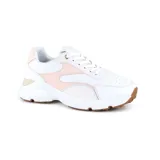 Championes blancos con detalles en rosa, suela gruesa marrón y cordones blancos.