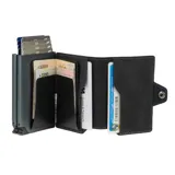 Billetera compacta de cuero genuino color gris con doble caja de aluminio incorporada. Cuenta con un sistema de deslizamiento para tarjetas con capacidad para 10 unidades, sección para billetes y protección RFID para evitar clonaciones.