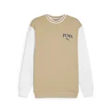 Buzo Puma Squad color beige con mangas largas blancas, cuello redondo y logo Puma estampado en el pecho.