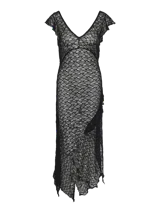 Vestido largo de encaje negro con escote en V y mangas cortas. Corte regular y textura elástica.