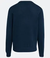 Buzo azul de tejido de punto, cuello redondo y manga larga.