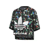 Remera Adidas negra con estampado floral multicolor, logo de Adidas estampado en el frente y corte crop.