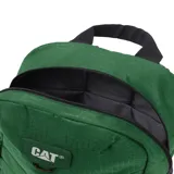 Mochila negra con estampado geométrico, logo de Caterpillar en el frente, anillo en D, tiradores de cremallera negro mate, tirantes ajustables de malla elástica, bolsillo portaobjetos y ranuras para bolígrafos en el compartimento principal, compartimento trasero principal con bolsillo acolchado para un portátil.