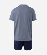 Conjunto de pijama masculino corto, compuesto por una remera de manga corta con cuello redondo y un short con cintura elástica y lazo. La remera presenta un estampado de rayas, mientras que el short es liso.