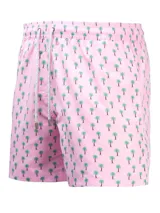 Short de baño celeste con estampado de ballenas en azul y gris. Tiene cintura elástica con cordón ajustable y bolsillos laterales.