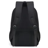 Mochila negra de estilo urbano, con múltiples compartimentos frontales con cierre, bolsillos laterales de malla y correas acolchadas ajustables.