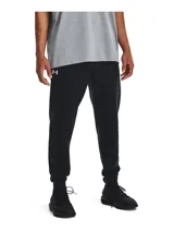Pantalón jogger negro Under Armour Rival Fleece para hombre, con logo blanco en el muslo izquierdo. Confeccionado en tejido Fleece ligero, cómodo y suave por dentro. Cuenta con cintura elástica con cordón ajustable y puños acanalados.