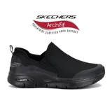 Zapato deportivo Skechers Arch Fit - Banlin, color negro, sin cordones, con capellada de malla y superposiciones sintéticas. Cuenta con plantilla Arch Fit removible para soporte del arco plantar y media suela con amortiguación.