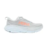 Championes Hoka Bondi 8 de running para mujer, color gris claro con detalles en rosa salmón.
