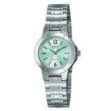 Reloj Casio plateado con esfera verde menta y correa de acero inoxidable.