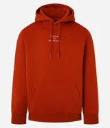 Sudadera con capucha color ladrillo, con cordón ajustable, bolsillo tipo canguro y puños acanalados. Estampa frontal con la frase "Love Found, Serenity Truth".