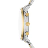 Reloj Fossil modelo Neutra con caja de acero plateado y dorado de 44mm de diámetro, esfera plateada con detalles dorados y tres subesferas, agujas doradas luminiscentes, cristal mineral y malla metálica combinada plateada y dorada. Movimiento de cuarzo cronógrafo y resistencia al agua de 5 ATM.