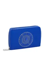Billetera azul con cierre y estampado circular con la palabra "TRENDY" en el frente.